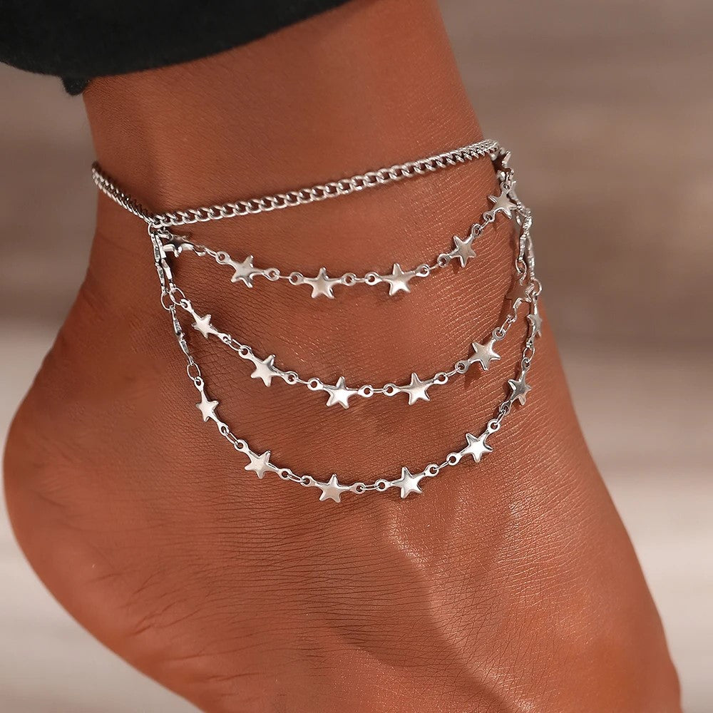 Tornozeleira Silver Stars - em aço inoxidável