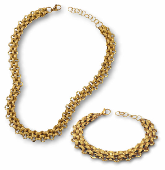 Conjunto Colar e Pulseira Wide Chain - em aço inoxidável dourado