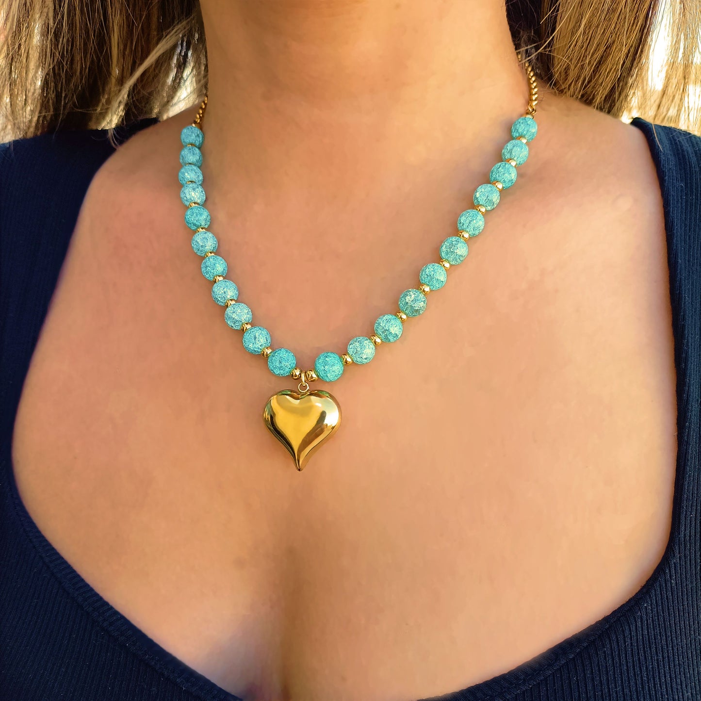 Colar Blue Love  - em aço inoxidável & pedras naturais