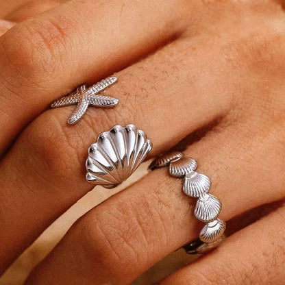 Conjunto Anel Mare e Anel Shells - em aço inoxidável