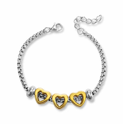 Pulseira Three Hearts - em aço inoxidável dourado e prateado