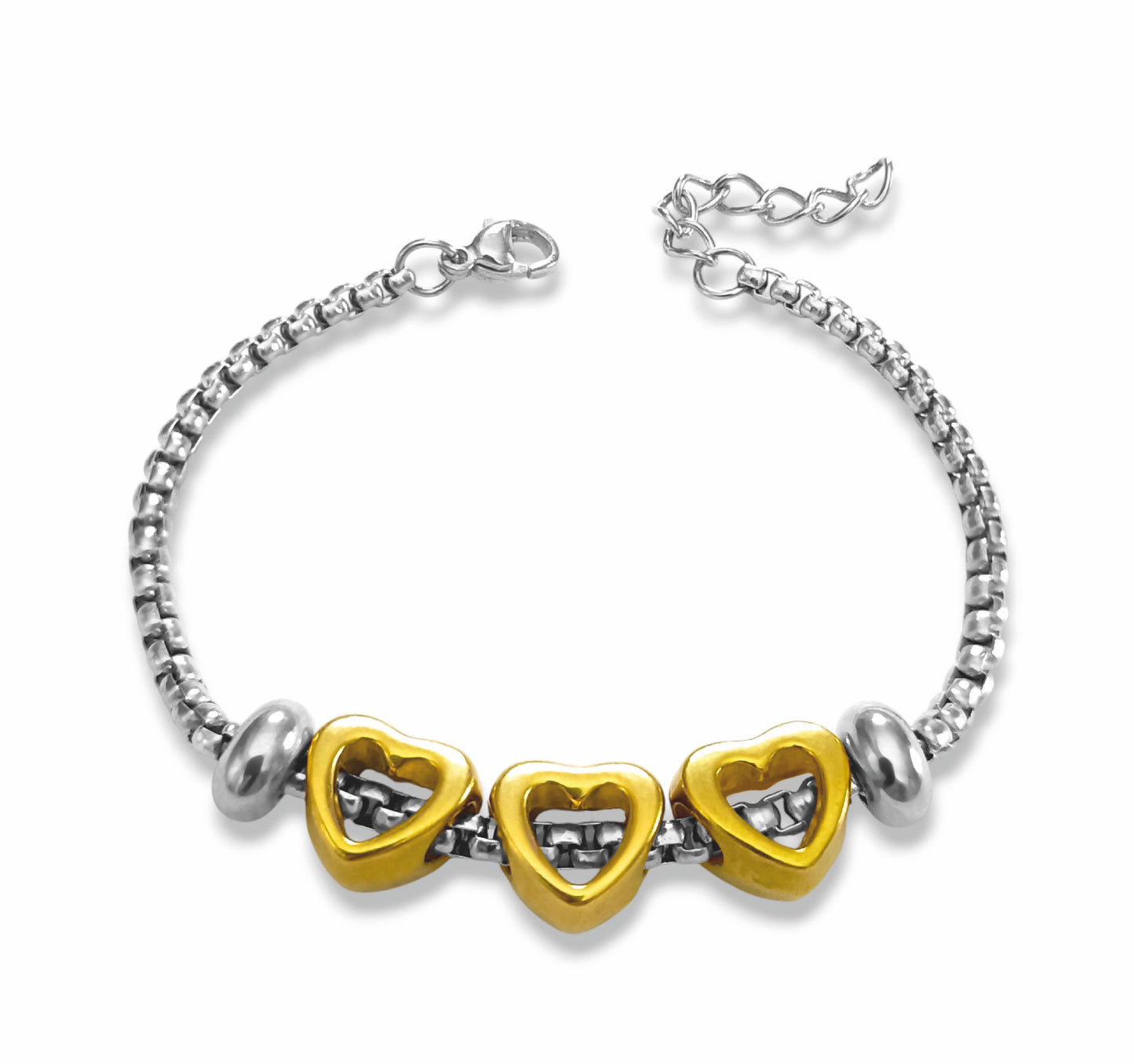 Pulseira Three Hearts - em aço inoxidável dourado e prateado