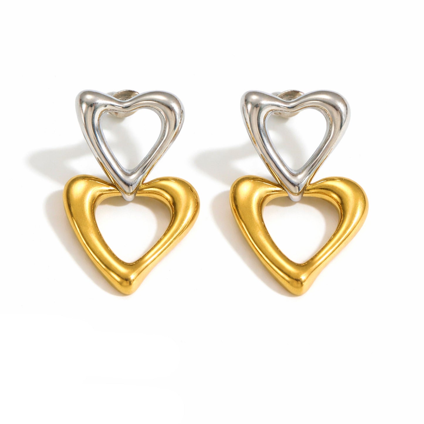 Brincos Two Hearts - em aço inoxidável dourado e prateado