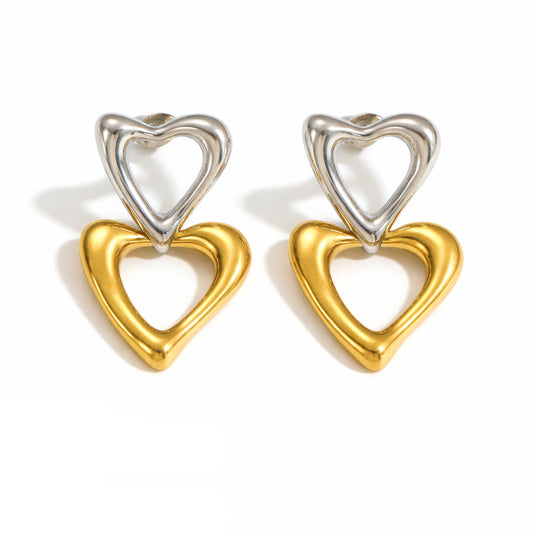 Brincos Two Hearts - em aço inoxidável dourado e prateado