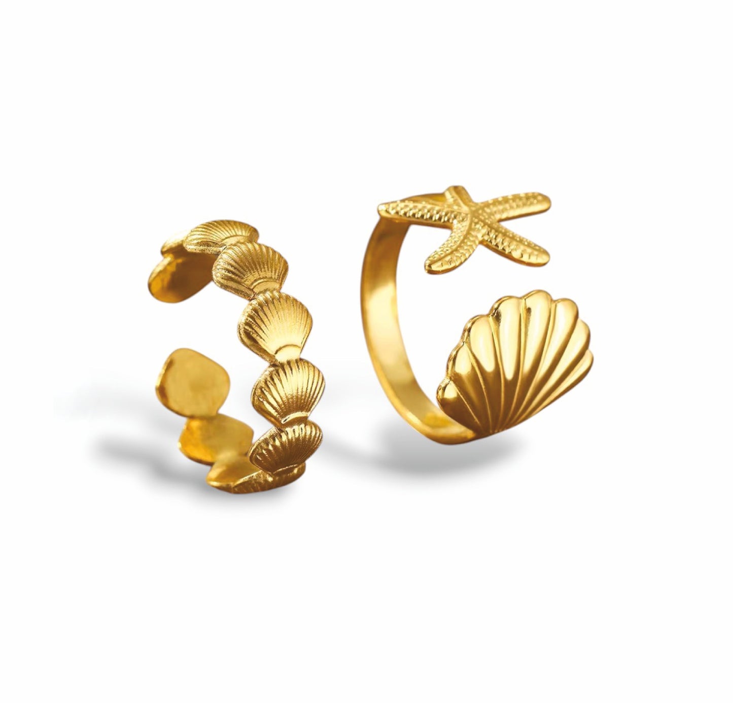 Conjunto Anel Mare e Anel Shells - em aço inoxidável dourado