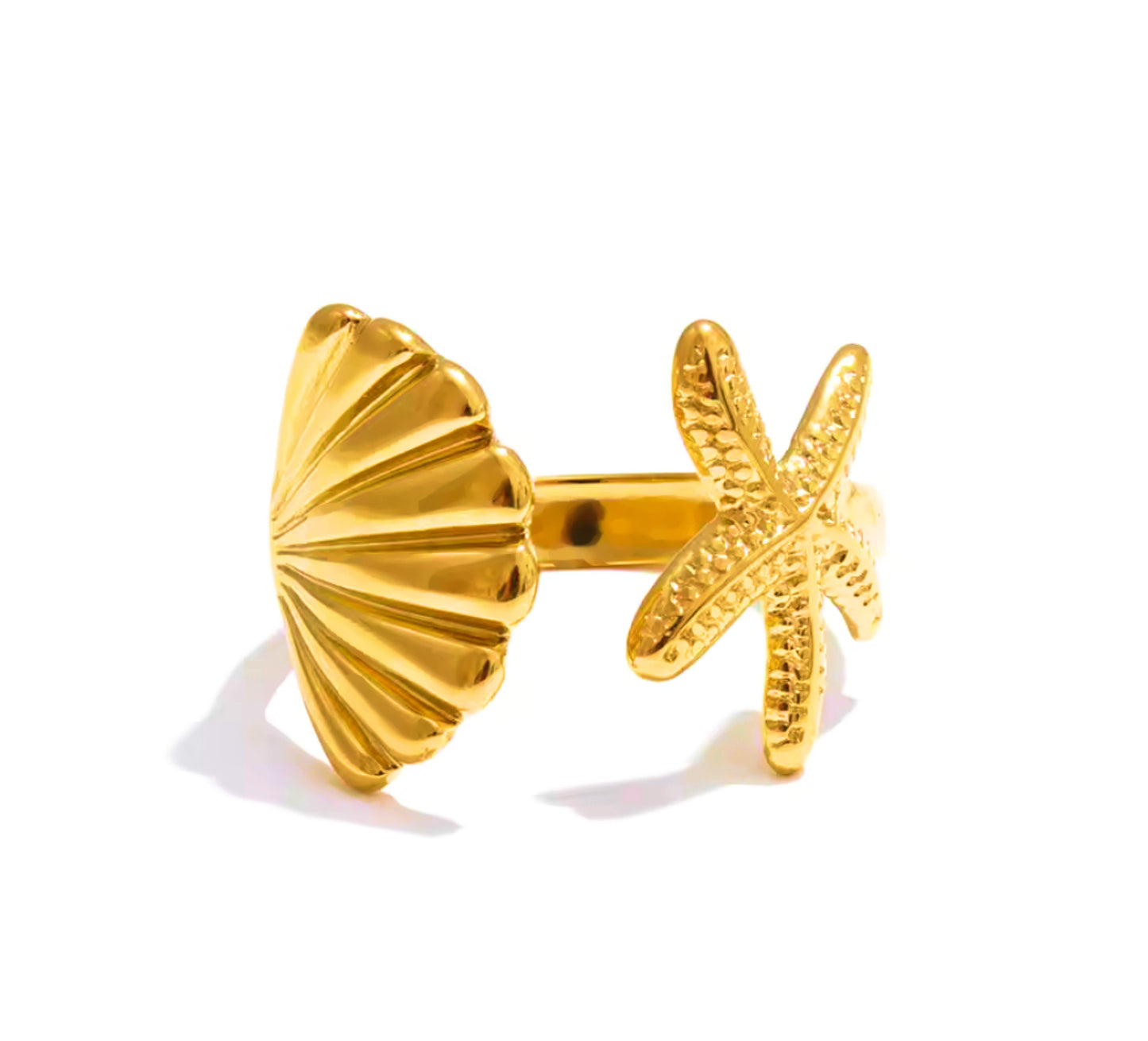 Conjunto Anel Mare e Anel Shells - em aço inoxidável dourado