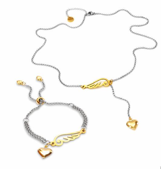 Conjunto Colar e Pulseira Angel of Love Gold - em aço inoxidável