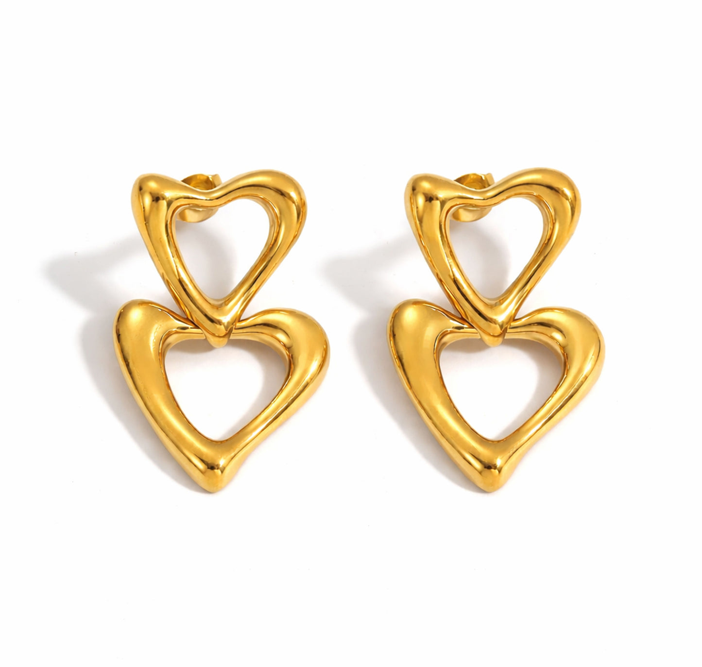Brincos Two Hearts - em aço inoxidável dourado